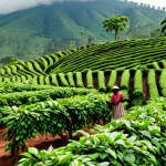 Lush green Rwandan coffee plantation, fragrant atmosphere, farmers working, showcasing coffee-making process from planting to selection.