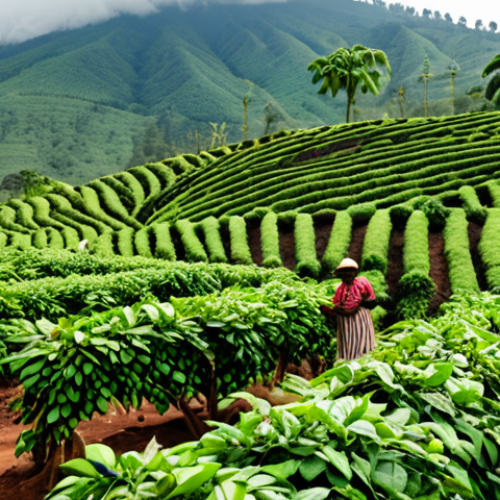 Home 11 Lush green Rwandan coffee plantation, fragrant atmosphere, farmers working, showcasing coffee-making process from planting to selection.