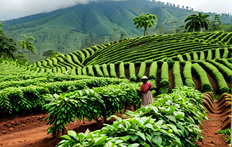 Lush green Rwandan coffee plantation, fragrant atmosphere, farmers working, showcasing coffee-making process from planting to selection.