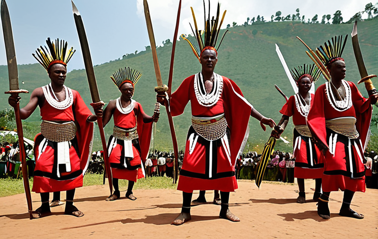 **Rwandan Intore dancers in traditional attire performing a royal dance with swords and spears.**