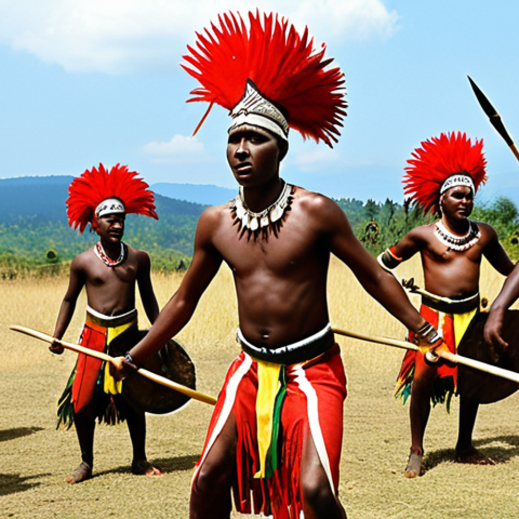 **Prompt 1: Rwandan Intore Warrior Dance**
A dynamic shot of male Rwandan dancers performing the Intore warrior dance. They are adorned in vibrant traditional costumes, complete with feathered headdresses, holding spears and shields. Their expressions are intense and powerful, conveying bravery and military discipline. The scene captures their synchronized, high-energy movements, set against a backdrop hinting at a traditional stage or an open field, with rich, earthy tones and bright accents from their attire.