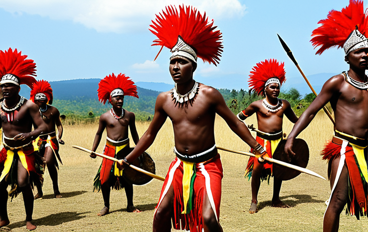 **Prompt 1: Rwandan Intore Warrior Dance**
A dynamic shot of male Rwandan dancers performing the Intore warrior dance. They are adorned in vibrant traditional costumes, complete with feathered headdresses, holding spears and shields. Their expressions are intense and powerful, conveying bravery and military discipline. The scene captures their synchronized, high-energy movements, set against a backdrop hinting at a traditional stage or an open field, with rich, earthy tones and bright accents from their attire.