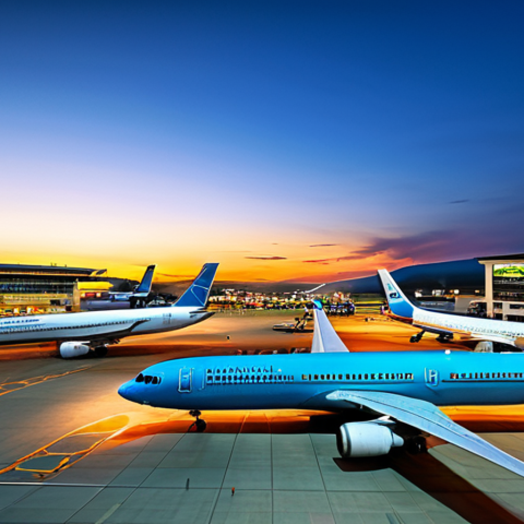 A breathtaking wide-angle professional photograph of Kigali International Airport at dusk, capturing a modern, bustling hub with multiple commercial aircraft on the tarmac and a sleek, brightly lit terminal building. The sky displays a warm sunset glow, emphasizing global connectivity and Rwanda's "Open Skies" policy. Busy ground crew in professional uniforms are visible, working efficiently. safe for work, appropriate content, fully clothed, professional environment, perfect anatomy, natural proportions, modest clothing, family-friendly, high resolution, sharp focus, vibrant colors, detailed textures, cinematic lighting.
