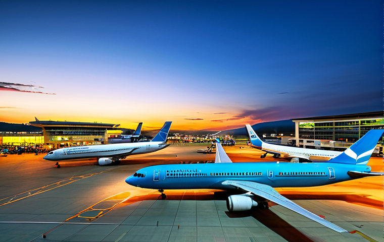 A breathtaking wide-angle professional photograph of Kigali International Airport at dusk, capturing a modern, bustling hub with multiple commercial aircraft on the tarmac and a sleek, brightly lit terminal building. The sky displays a warm sunset glow, emphasizing global connectivity and Rwanda's "Open Skies" policy. Busy ground crew in professional uniforms are visible, working efficiently. safe for work, appropriate content, fully clothed, professional environment, perfect anatomy, natural proportions, modest clothing, family-friendly, high resolution, sharp focus, vibrant colors, detailed textures, cinematic lighting.