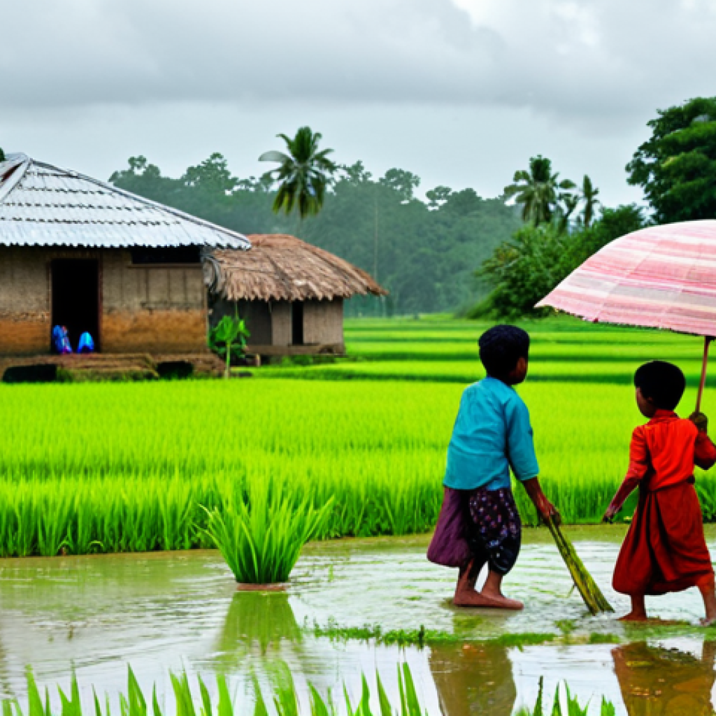 **
A vibrant village scene in rural Bangladesh during the monsoon season. Lush green rice paddies stretch to the horizon under a cloudy sky. A group of children, fully clothed in simple, traditional garments, are playing joyfully in a rain puddle. In the background, a modest village home with a corrugated tin roof. Safe for work, appropriate content, fully clothed, family-friendly. Perfect anatomy, correct proportions, natural pose, well-formed hands, proper finger count, natural body proportions, high quality, professional photography.
**