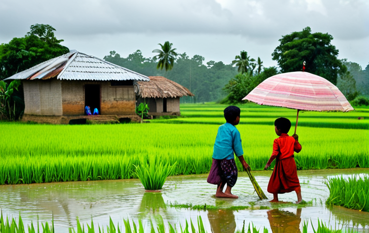 **
A vibrant village scene in rural Bangladesh during the monsoon season. Lush green rice paddies stretch to the horizon under a cloudy sky. A group of children, fully clothed in simple, traditional garments, are playing joyfully in a rain puddle. In the background, a modest village home with a corrugated tin roof. Safe for work, appropriate content, fully clothed, family-friendly. Perfect anatomy, correct proportions, natural pose, well-formed hands, proper finger count, natural body proportions, high quality, professional photography.
**
