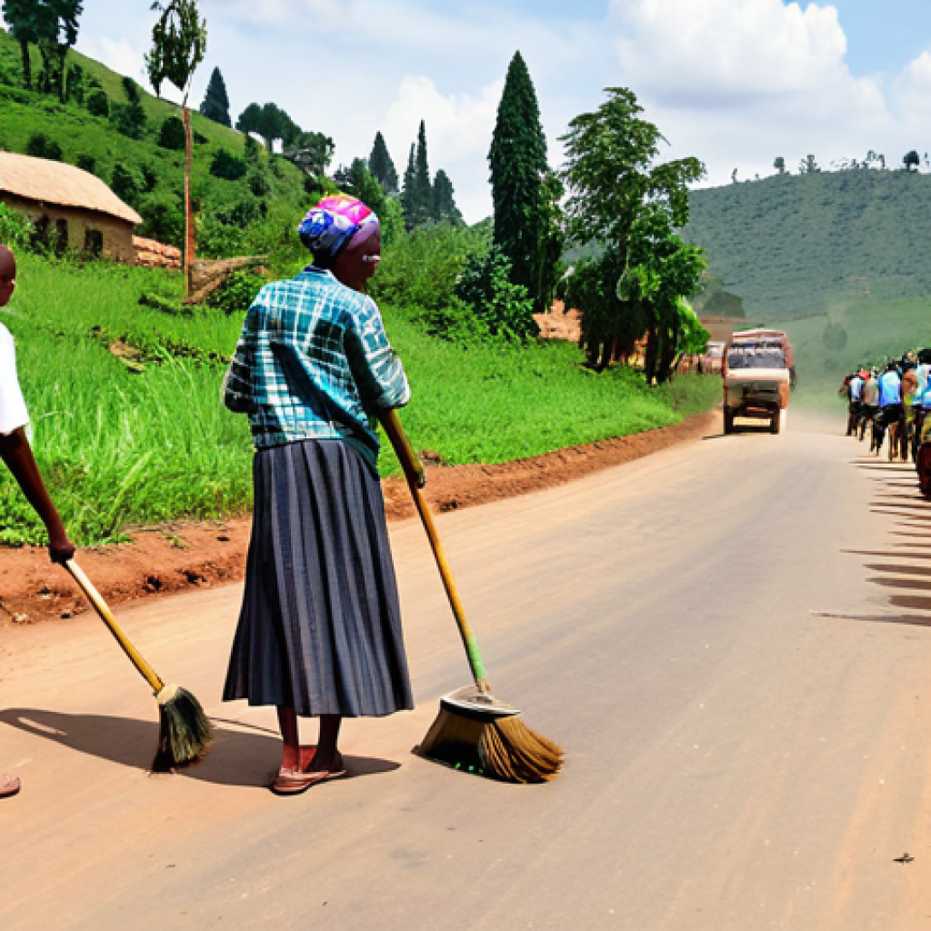 **
"A community gathering in rural Rwanda for 'Umuganda', a traditional community work event. Villagers, fully clothed in modest attire, are cleaning a road together. The scene is bright and cheerful, showcasing community spirit and collaboration. Safe for work, appropriate content, professional, perfect anatomy, natural proportions, family-friendly, high quality."
**