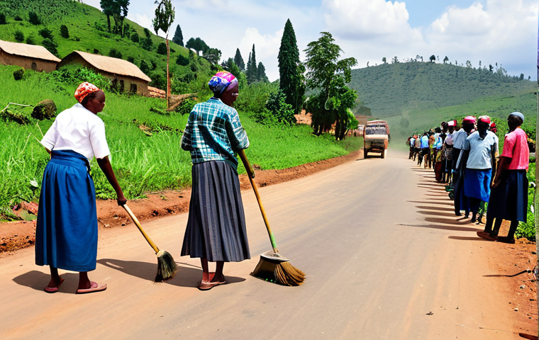 **
"A community gathering in rural Rwanda for 'Umuganda', a traditional community work event. Villagers, fully clothed in modest attire, are cleaning a road together. The scene is bright and cheerful, showcasing community spirit and collaboration. Safe for work, appropriate content, professional, perfect anatomy, natural proportions, family-friendly, high quality."
**