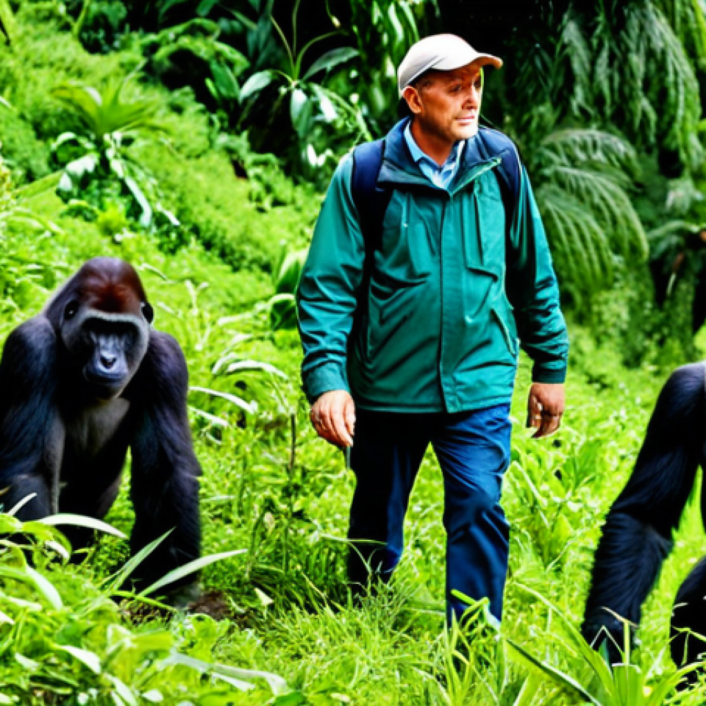 르완다산 고릴라 트레킹 - A group of fully clothed tourists trekking through the lush green mountains and dense jungle of Rwan...