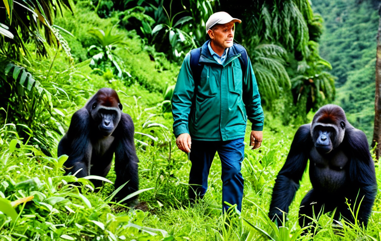 르완다산 고릴라 트레킹 - A group of fully clothed tourists trekking through the lush green mountains and dense jungle of Rwan...