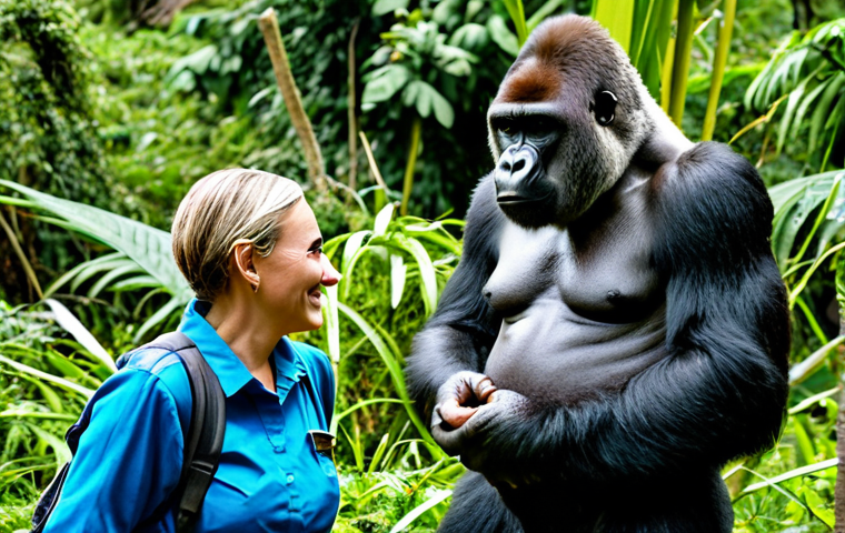 르완다산 고릴라 트레킹 - A group of fully clothed tourists trekking through the lush green mountains and dense jungle of Rwan...