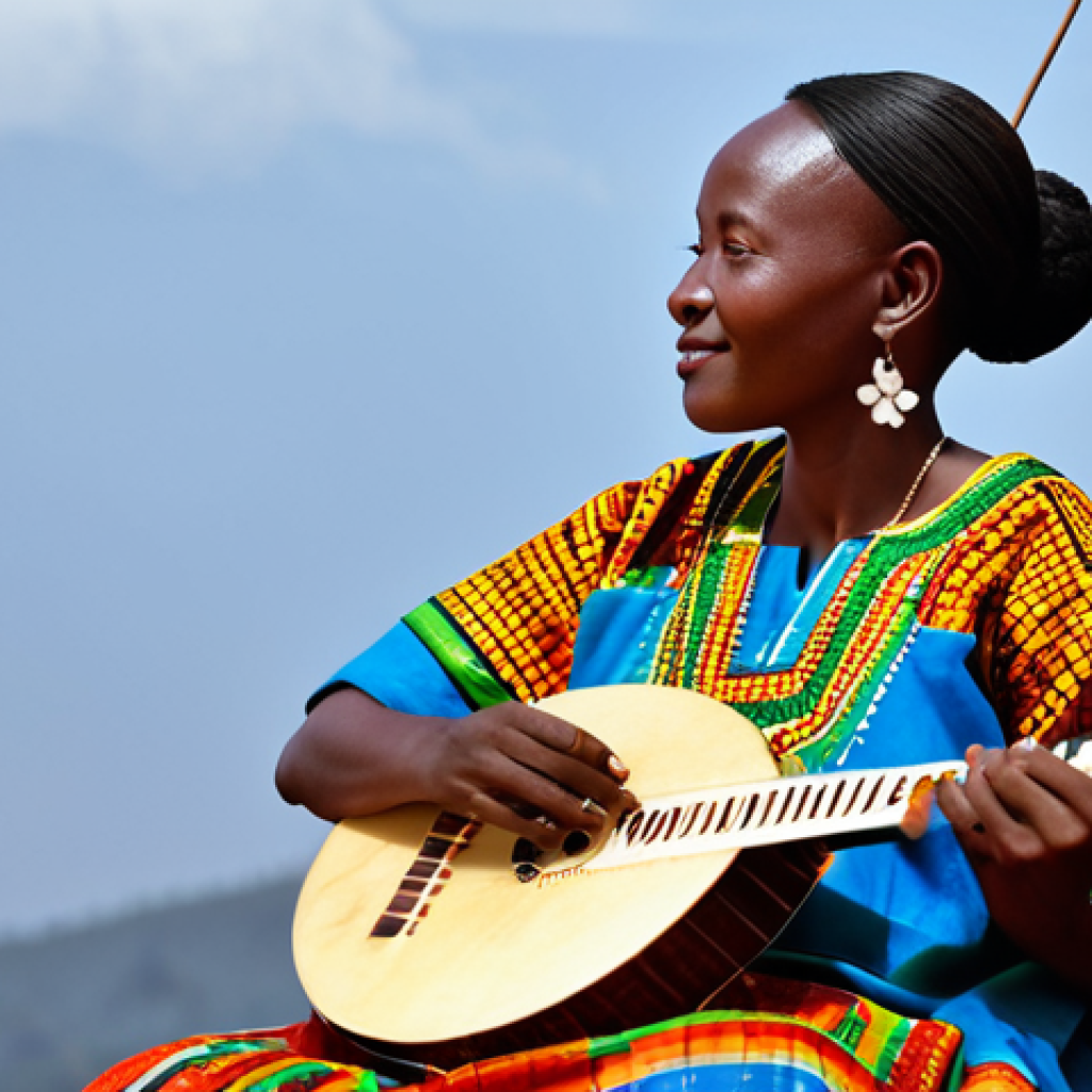 르완다 민속 음악 라이브 쇼 - **Image Prompt:** A professional female folk musician in Rwanda, fully clothed in a colorful, modest...