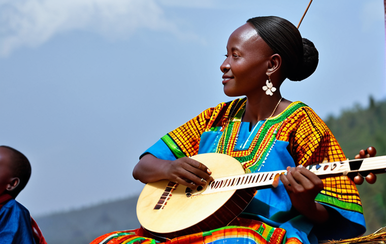 르완다 민속 음악 라이브 쇼 - **Image Prompt:** A professional female folk musician in Rwanda, fully clothed in a colorful, modest...