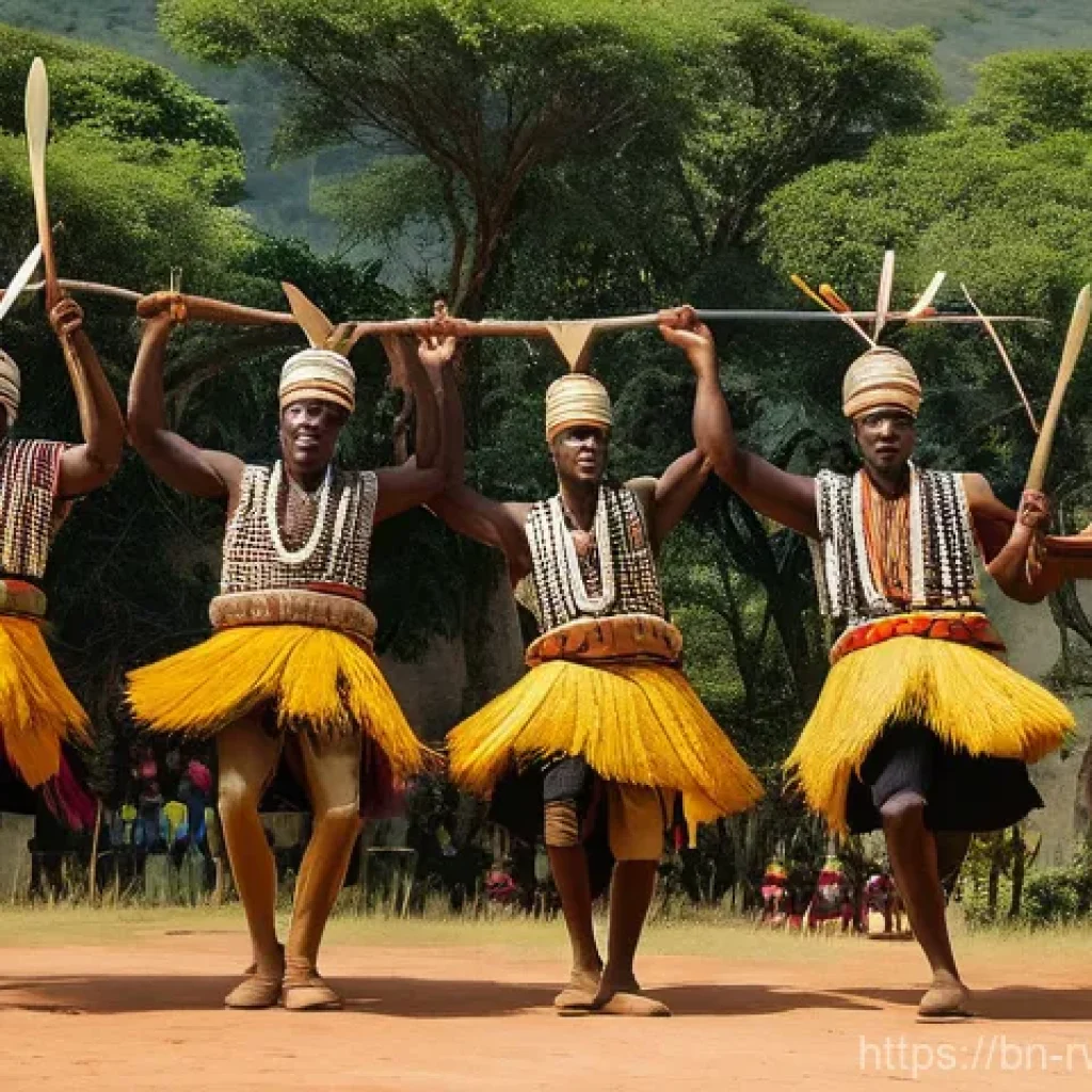 르완다 민속 음악의 종류 - Intore Dance: The Valiant Warriors' Rhapsody**
A dynamic and vibrant image depicting a group of stro...