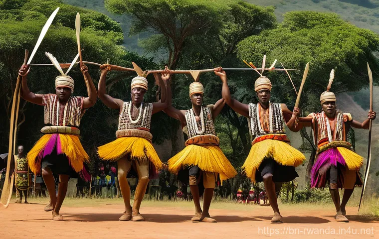 르완다 민속 음악의 종류 - Intore Dance: The Valiant Warriors' Rhapsody**
A dynamic and vibrant image depicting a group of stro...