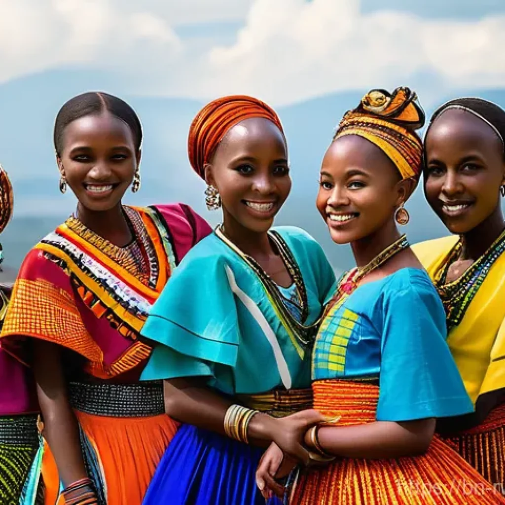 르완다 민속 춤의 미래 전망 - **Prompt: "A vibrant group of young Rwandan dancers, both male and female, showcasing a dynamic trad...
