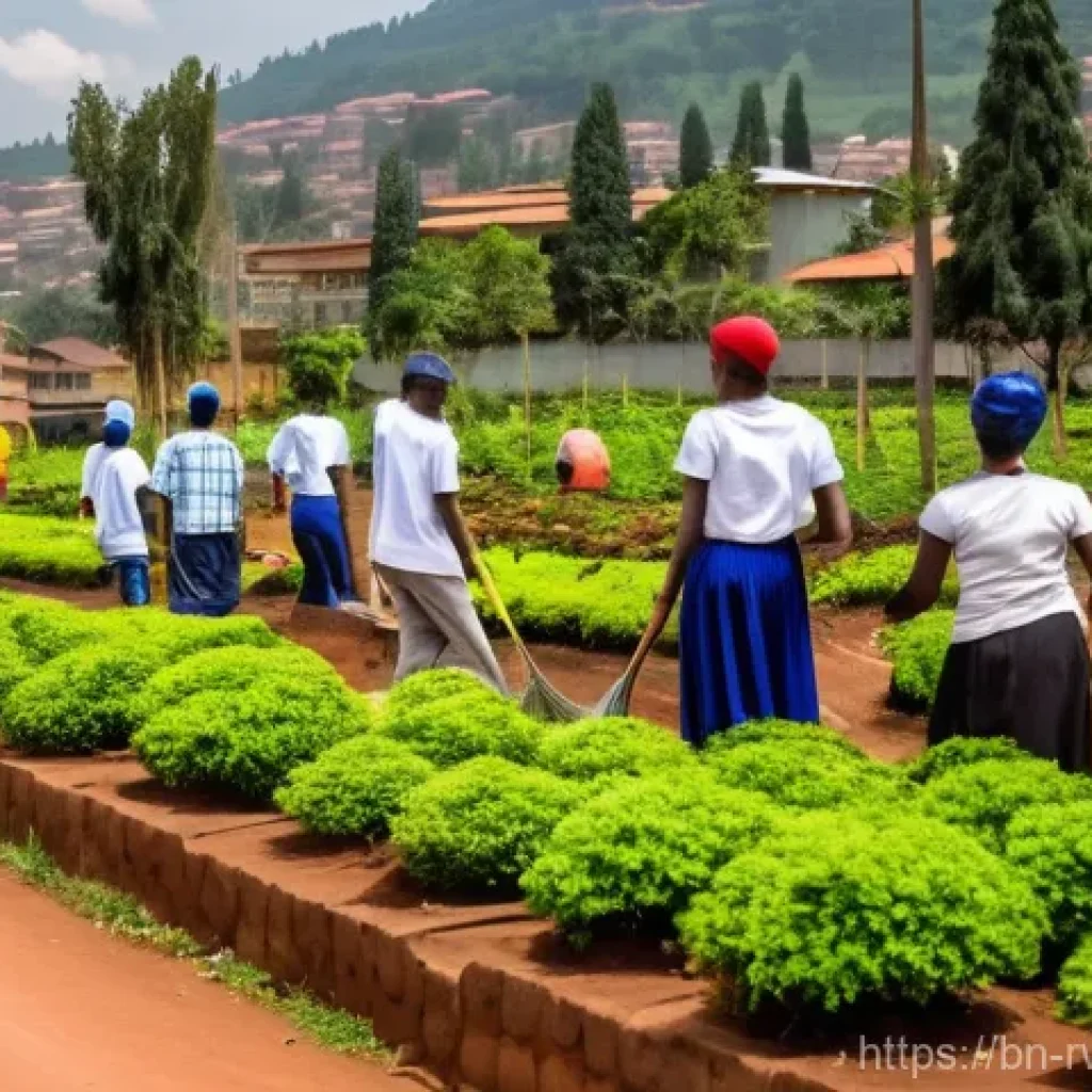 르완다의 도시 재생 프로젝트 - A vibrant scene depicting 'Umuganda' day in Kigali, Rwanda. Diverse Rwandan citizens, men and women ...