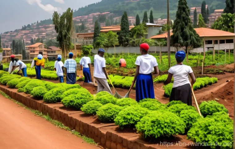 르완다의 도시 재생 프로젝트 - A vibrant scene depicting 'Umuganda' day in Kigali, Rwanda. Diverse Rwandan citizens, men and women ...