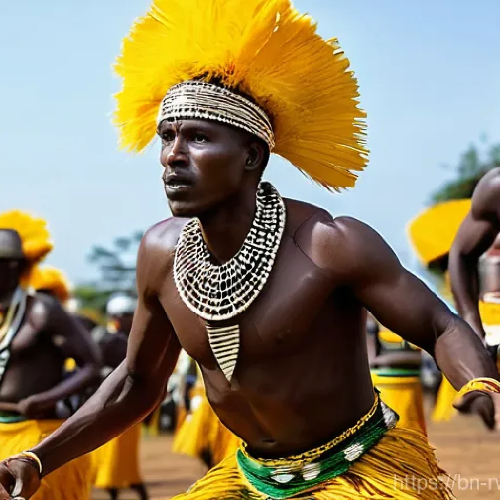 르완다 민속 춤의 현대적 재해석 - **Prompt:** A dynamic and powerful image of male Rwandan Intore dancers performing. They are fully c...