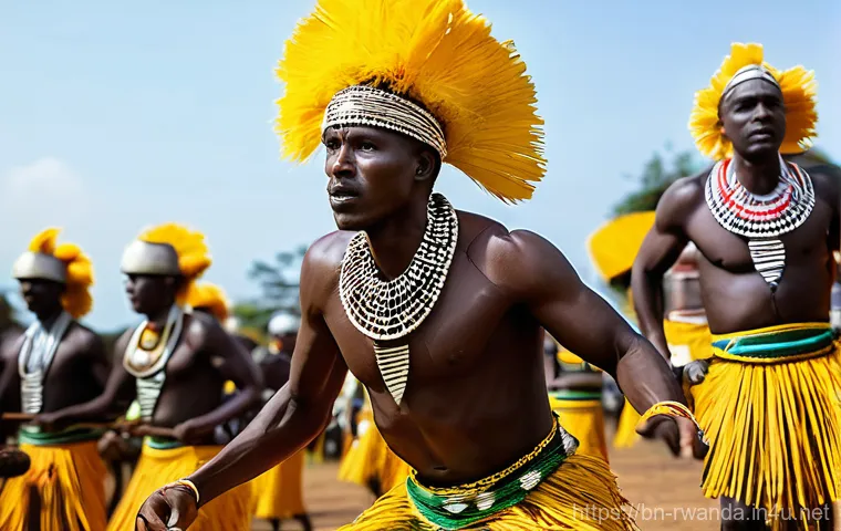 르완다 민속 춤의 현대적 재해석 - **Prompt:** A dynamic and powerful image of male Rwandan Intore dancers performing. They are fully c...