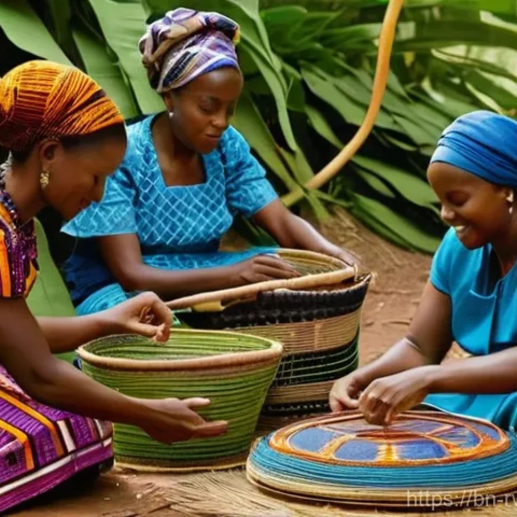 르완다의 주요 전통 직물 생산지 - **Prompt:** A group of Rwandan women, dressed in vibrant, modest traditional African print dresses a...
