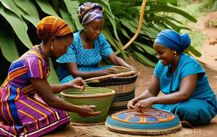 르완다의 주요 전통 직물 생산지 - **Prompt:** A group of Rwandan women, dressed in vibrant, modest traditional African print dresses a...