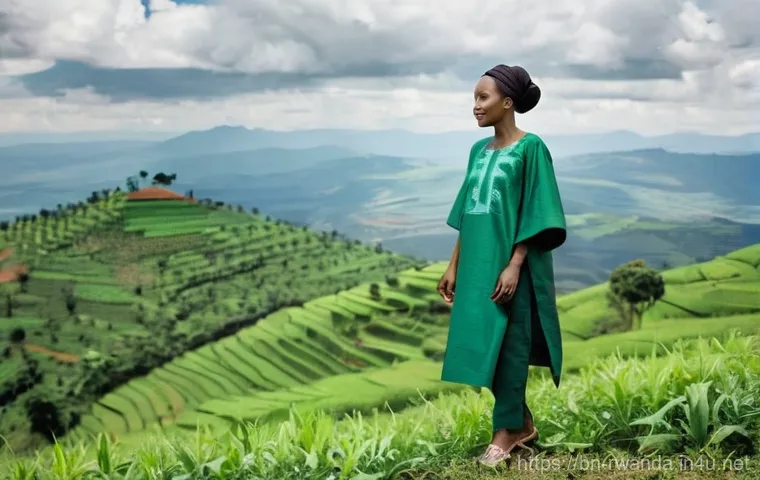 르완다의 주요 전통 직물 생산지 - **Prompt:** A group of Rwandan women, dressed in vibrant, modest traditional African print dresses a...