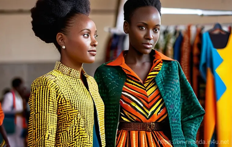 르완다의 주요 전통 직물 생산지 - **Prompt:** A serene Rwandan landscape with rolling green hills and distant foliage serves as the ba...