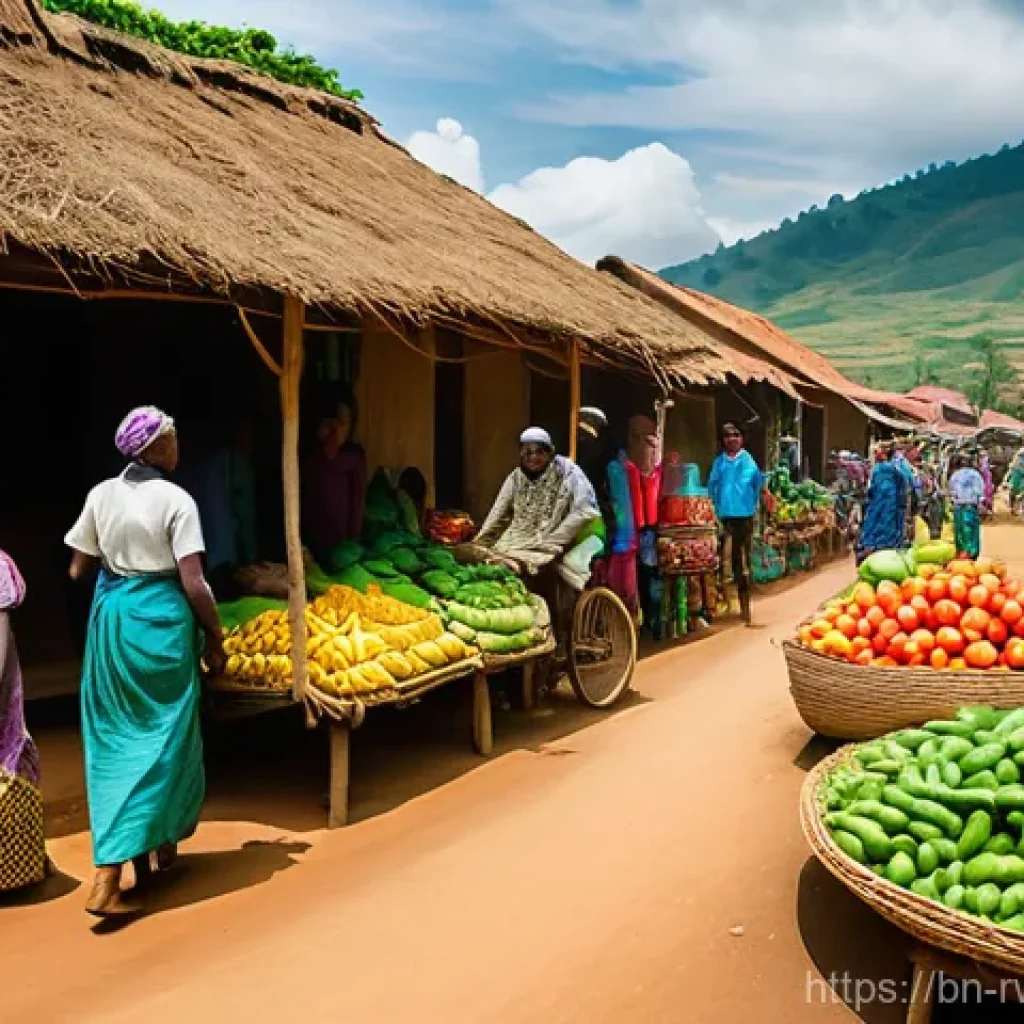 르완다 봉사자 후기 - **Prompt:** A vibrant and lively outdoor market scene in a rural Rwandan village. Lush green hills a...