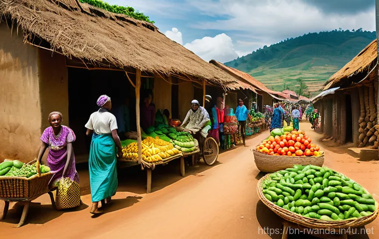 르완다 봉사자 후기 - **Prompt:** A vibrant and lively outdoor market scene in a rural Rwandan village. Lush green hills a...