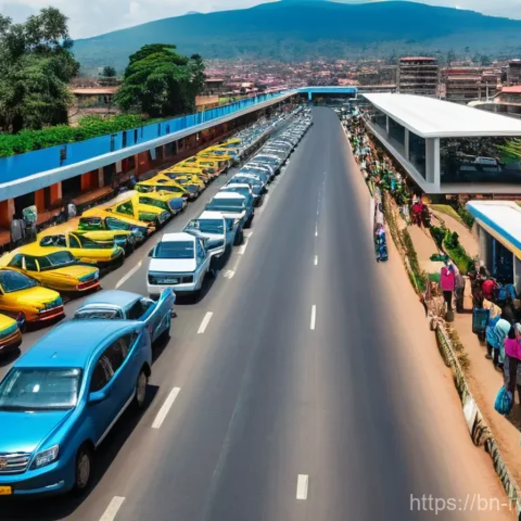 르완다 주요 수입품 - **Vibrant Rwandan Transportation Hub:** A dynamic, wide-angle shot of a busy street in a modern Rwan...