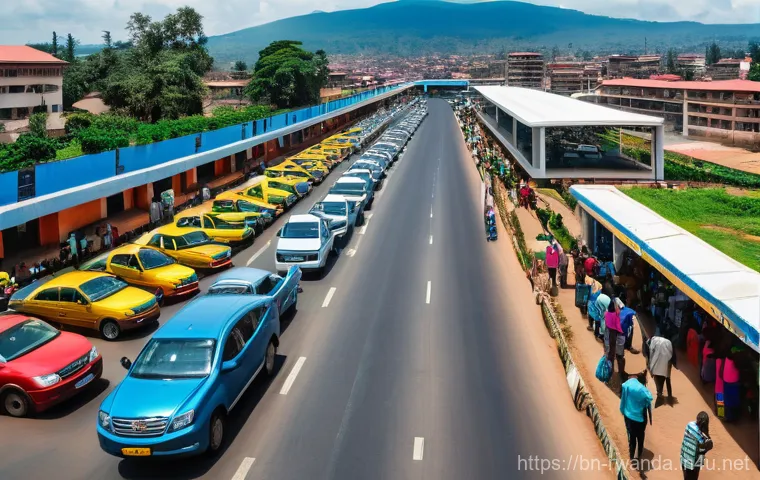 르완다 주요 수입품 - **Vibrant Rwandan Transportation Hub:** A dynamic, wide-angle shot of a busy street in a modern Rwan...