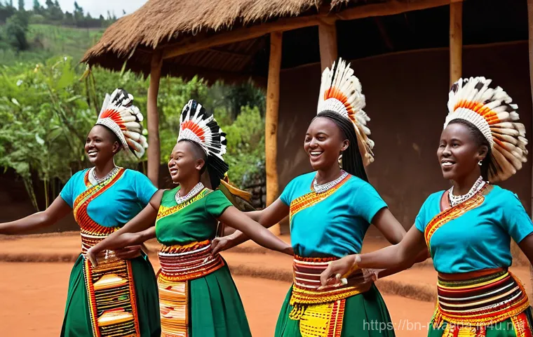 르완다의 민속 춤 공연장 추천 - **Prompt 1: "Vibrant Performance at a Cultural Village"**
"A group of energetic Intore dancers, ...