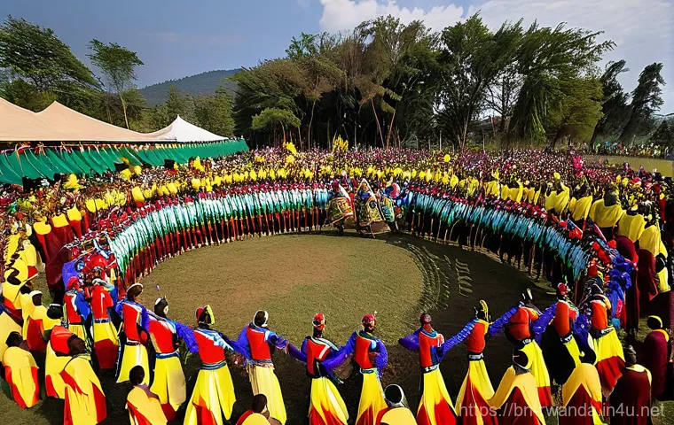 르완다의 민속 춤 공연장 추천 - **Prompt 2: "Close-up of Intore Dancers in Traditional Attire"**
    "A detailed, medium close-up sh...